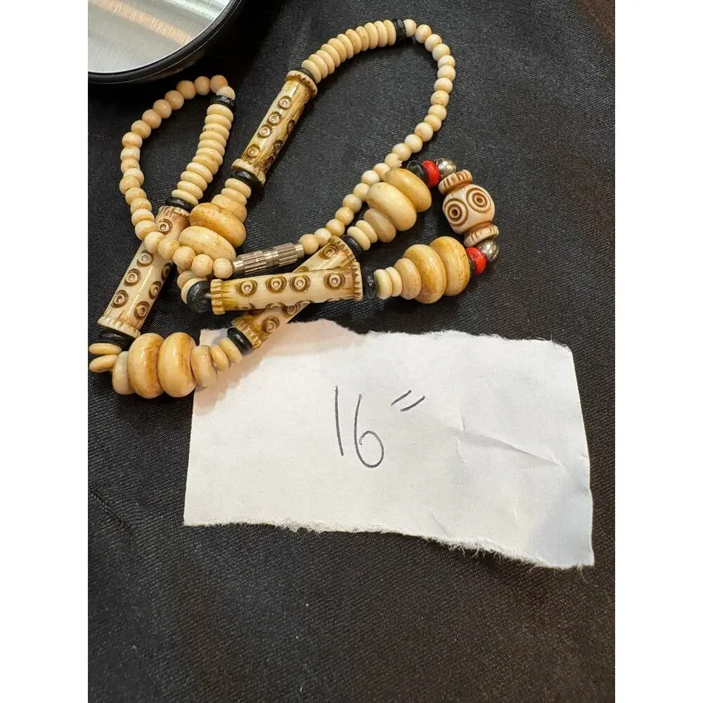 Vintage 1980s Bone Bead Necklace 16 Inch Tribal Boho Carved Beads